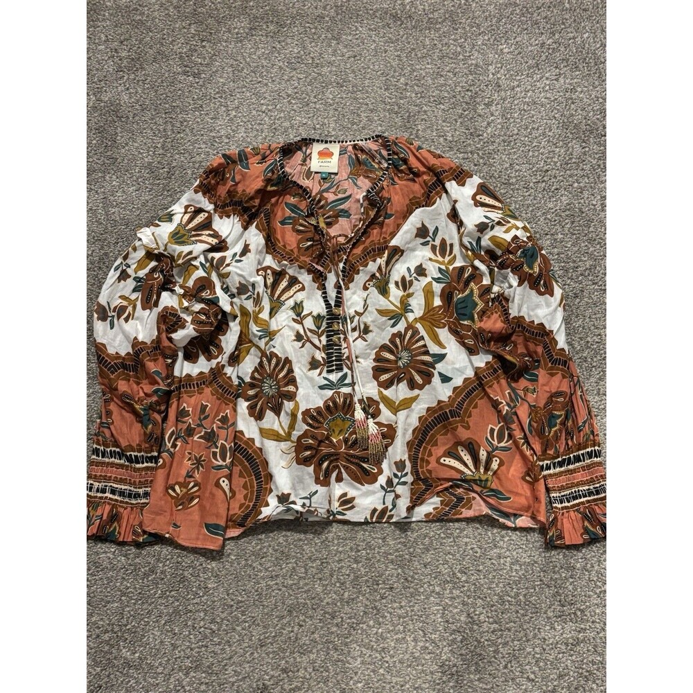 Farm Rio Women's Long Sleeve Tie Neck Multi Color Riad Botanical Blouse Size XL